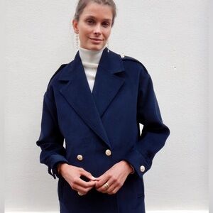 Sanyo | Navy Double Breasted Wool Blend Pea Coat with Gold-Tone Buttons